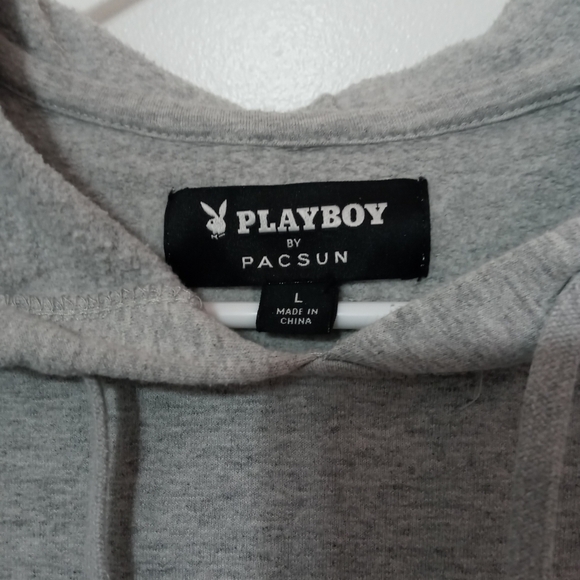 Playboy X PacSun pullover Logo Fleece Gray Hooded sweatshirt Kangaroo Pocket L - Picture 3 of 6
